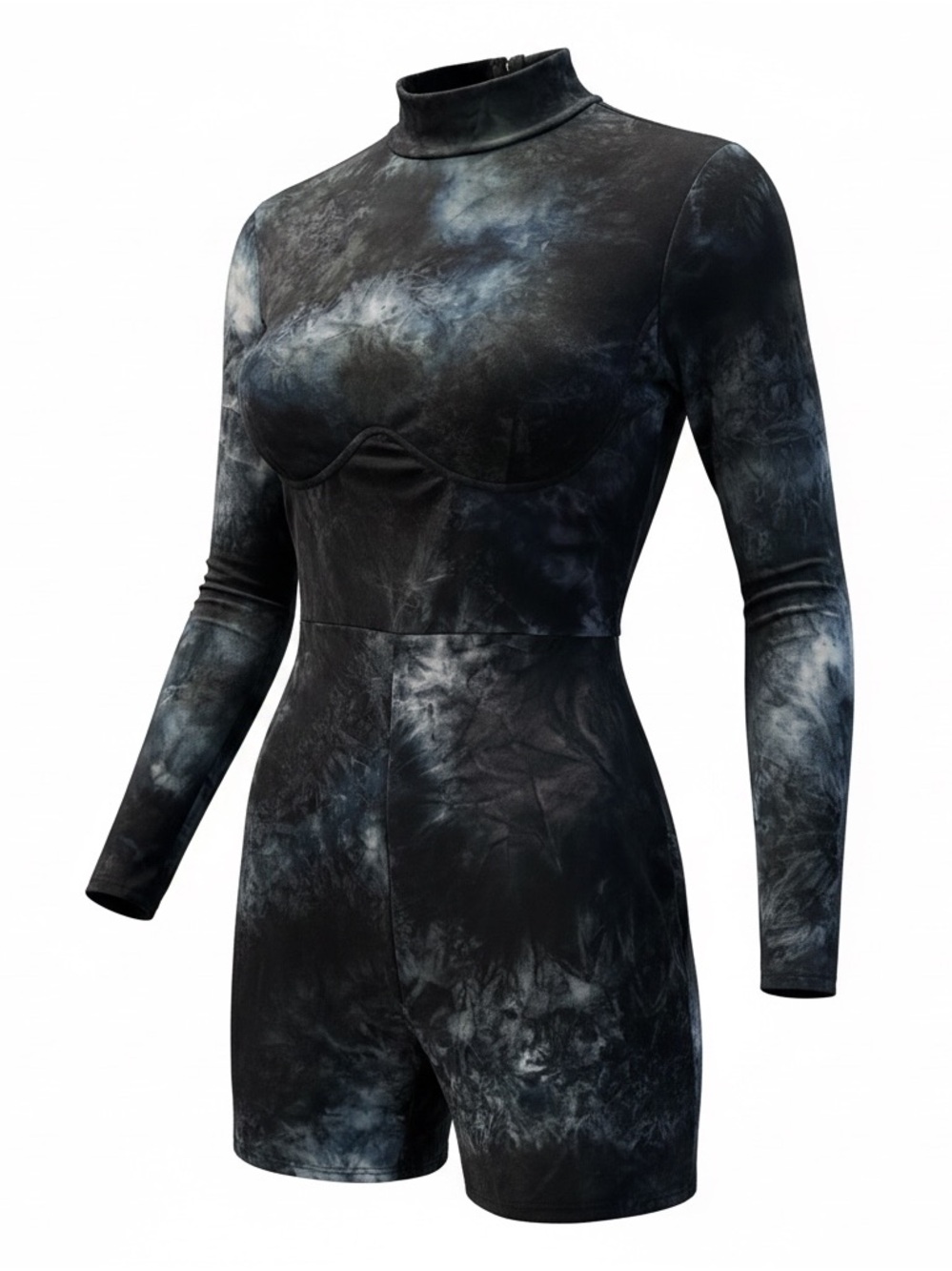 Fashion Nova Black, Blue & Gray Tie-Dye Long Sleeve Mock Neck Romper Jumpsuit